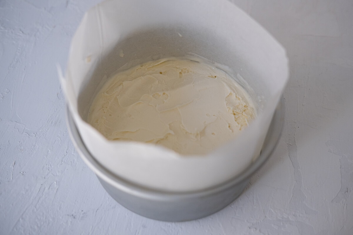 Vanilla ice cream soften in a pan with parchment paper lined. 