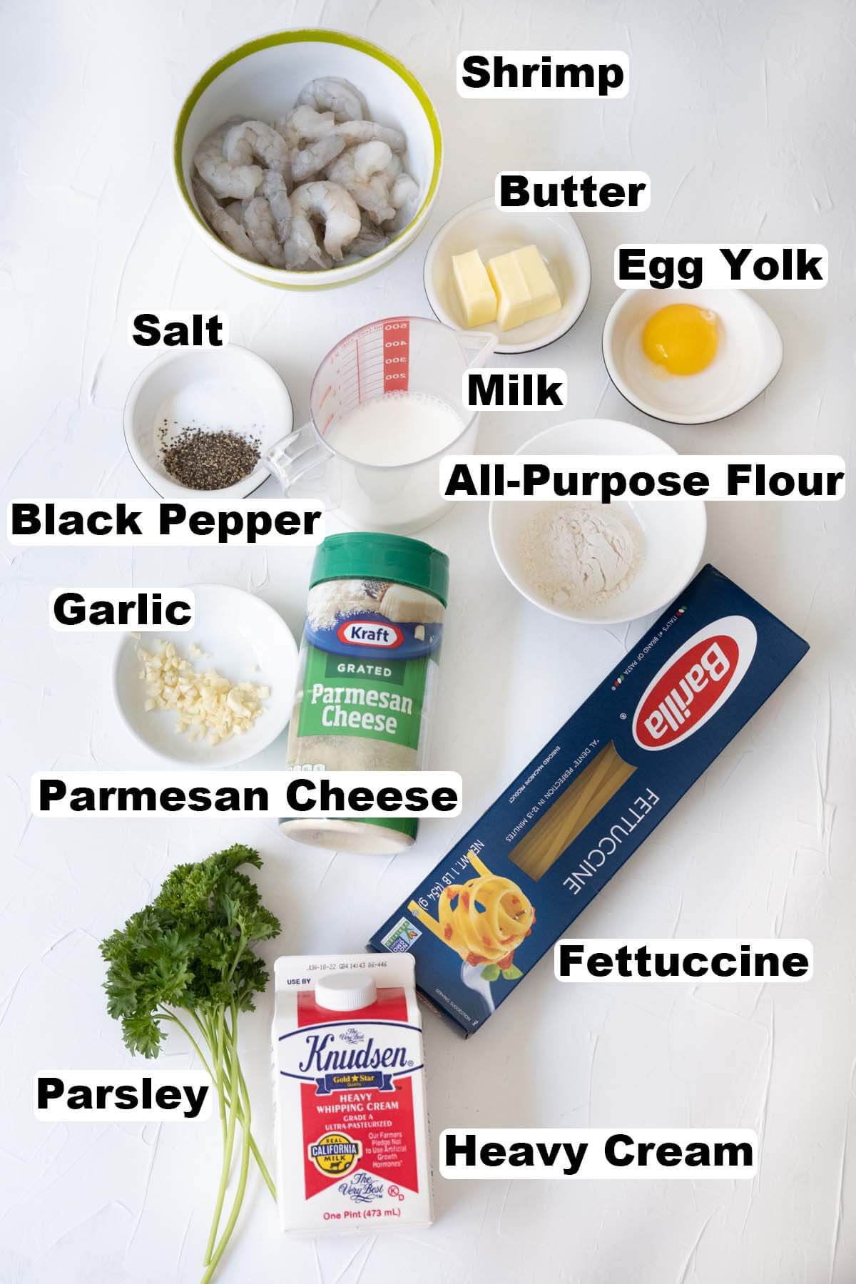 Ingredients for shrimp fettuccine alfredo recipe. 