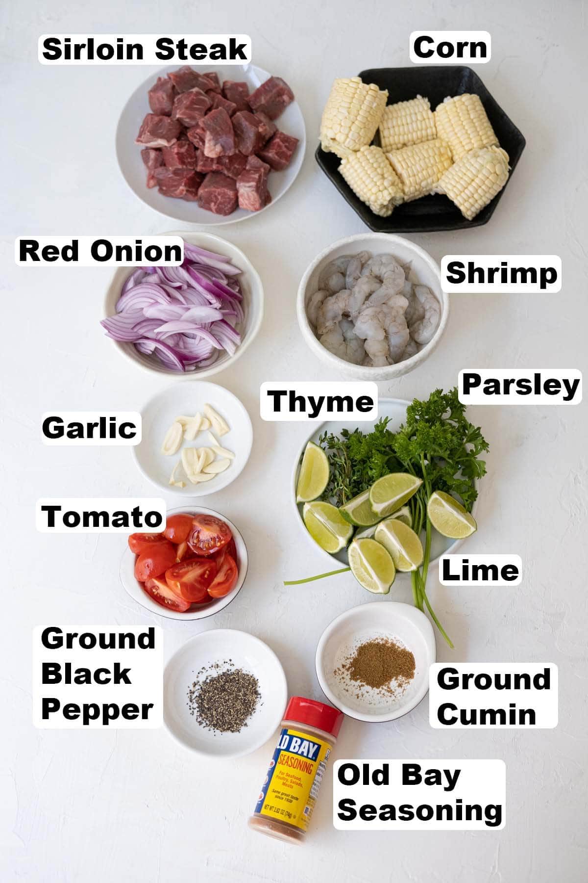 Ingredients for surf'n turf foil packs recipe. 