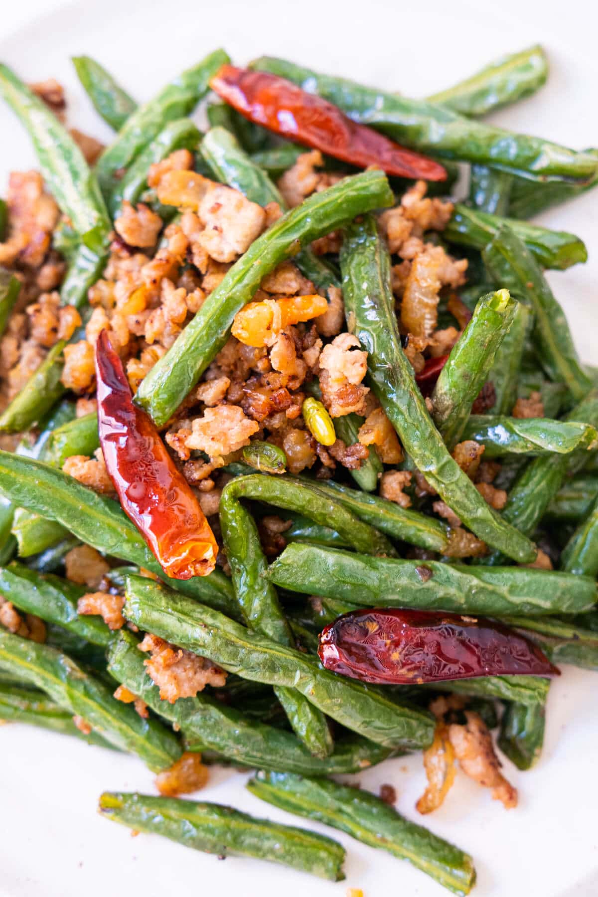 Top view of stir-fried Sichuan green beans. 