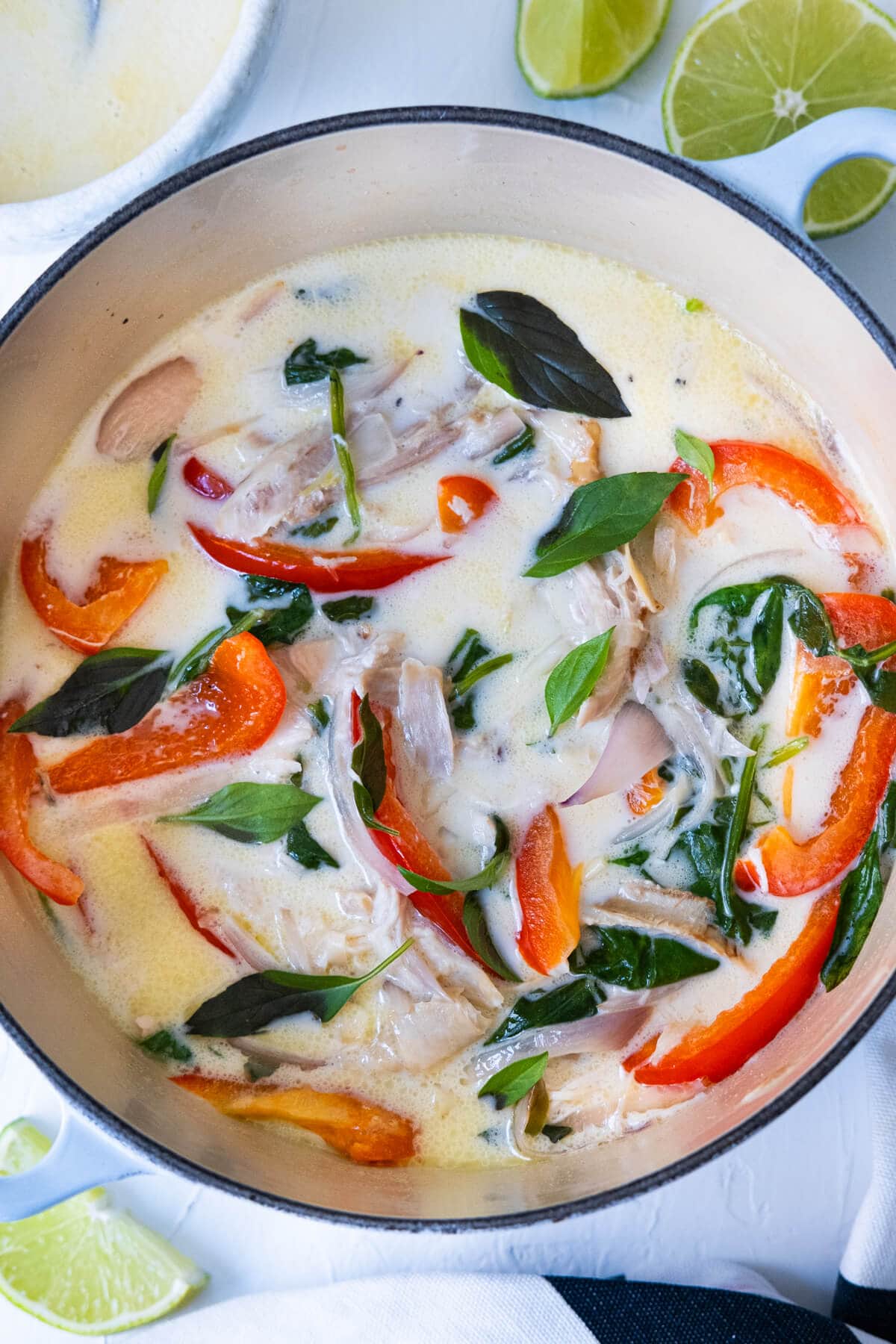 Spicy coconut chicken stew in a dutch oven with lime wedges on the side. 