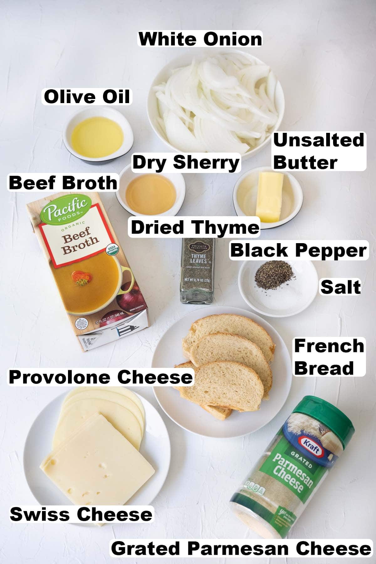 Ingredients for easy French onion soup recipe. 