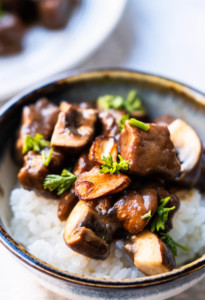 Easy and quick beef and mushroom stir-fry with freshly chopped parsley on top.