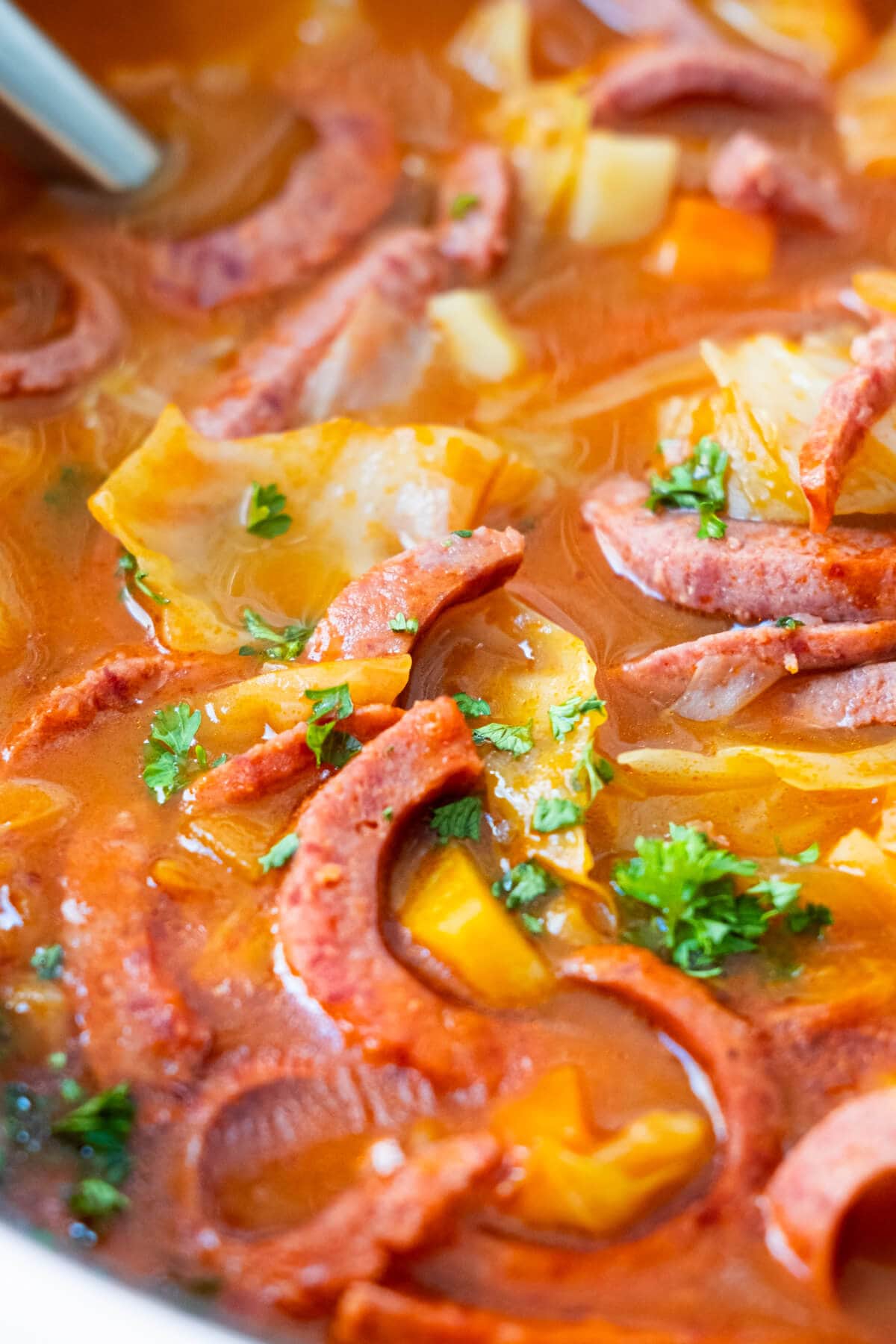 A close up shot of borscht broth filled with beef sausage, cabbage, carrot, potato and tomato. 