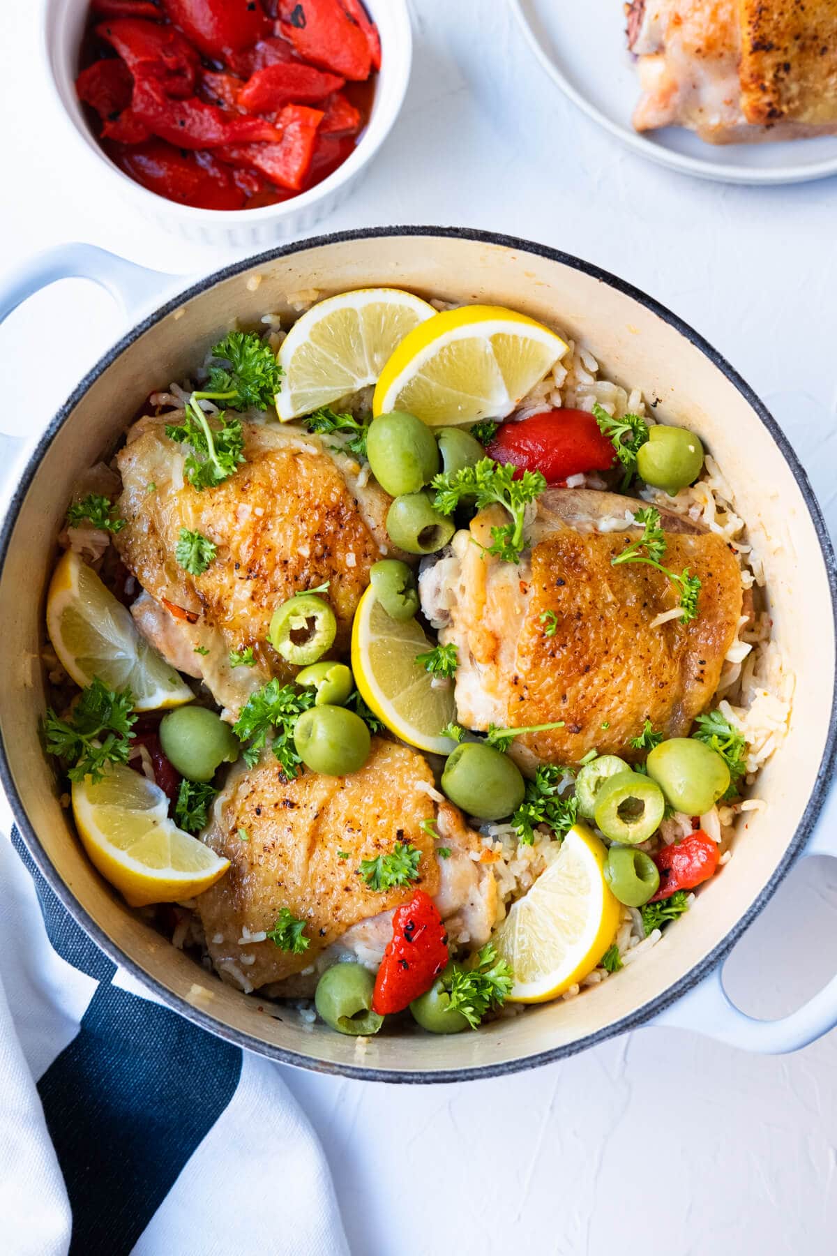 One-pot cajun chicken and rice with a roasted red pepper aside. 