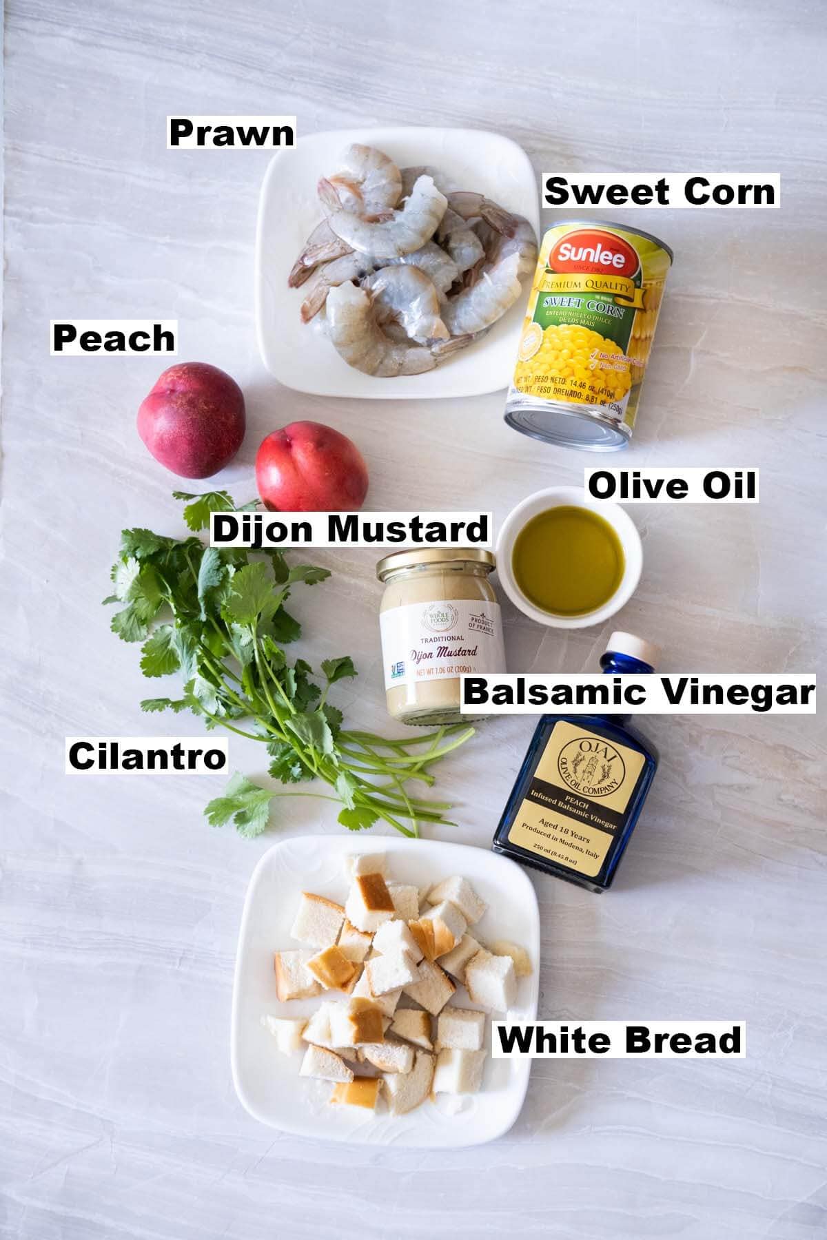 Ingredients of prawn salad with peach recipe. 