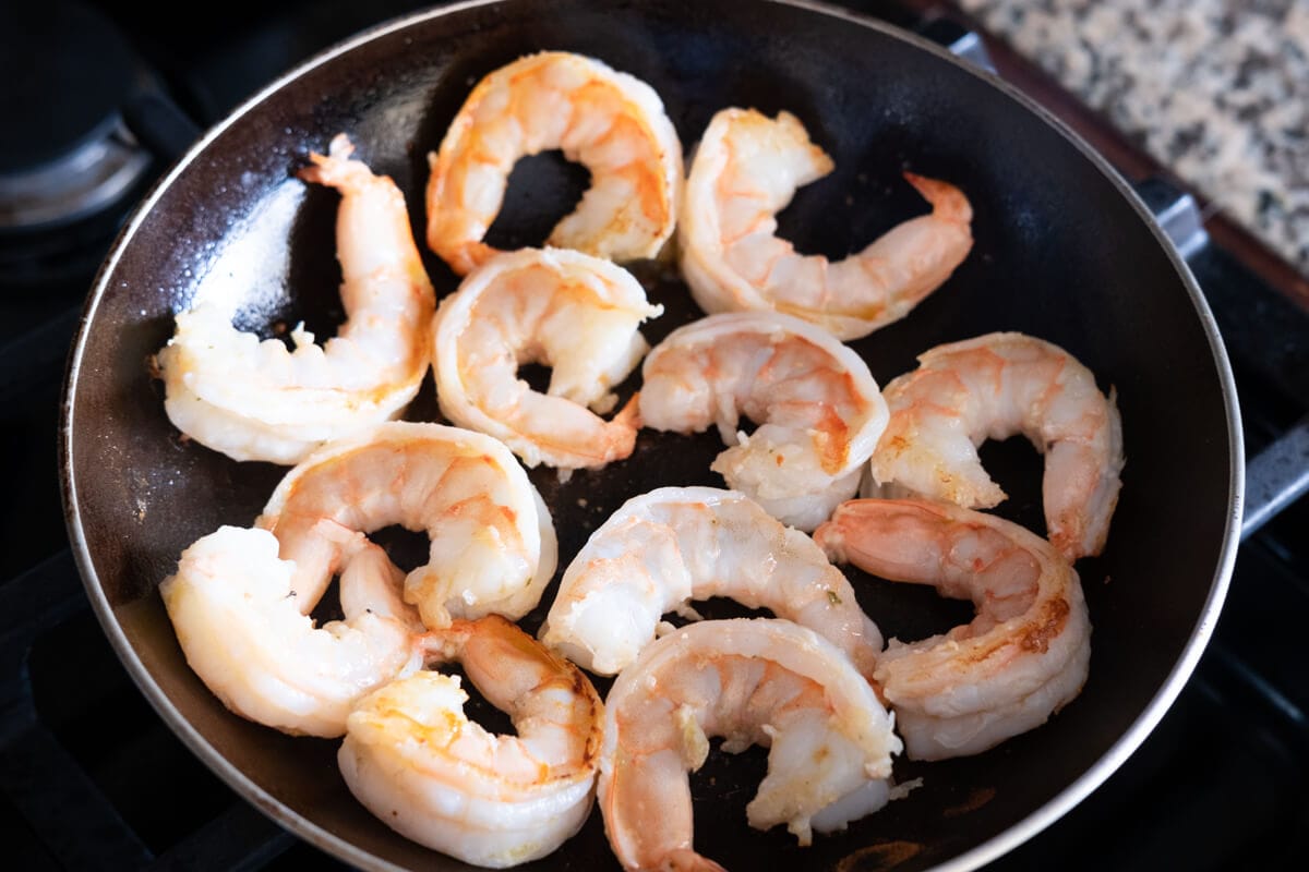 Prawns cooked in a pan. 