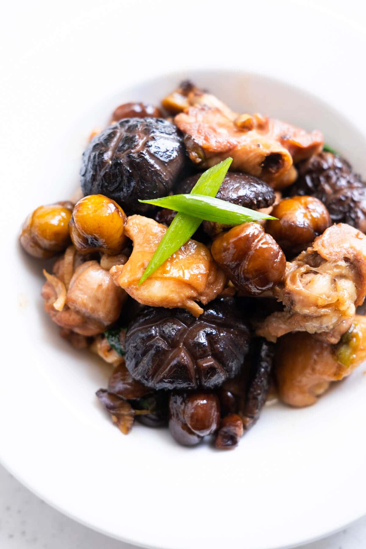 Savory chestnut chicken with mushroom in brown sauce. 