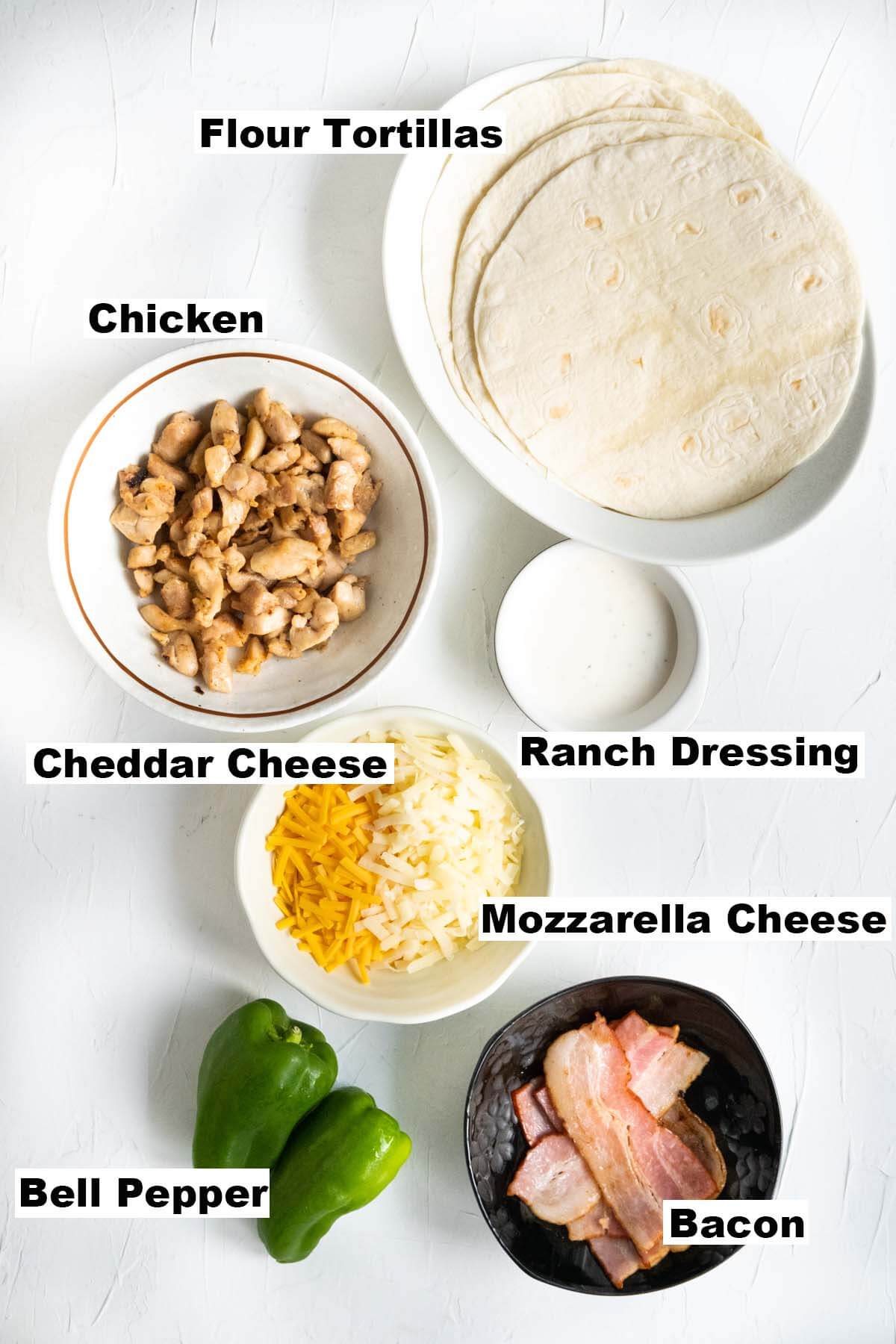 Ingredients for chicken and bacon quesadilla recipe.