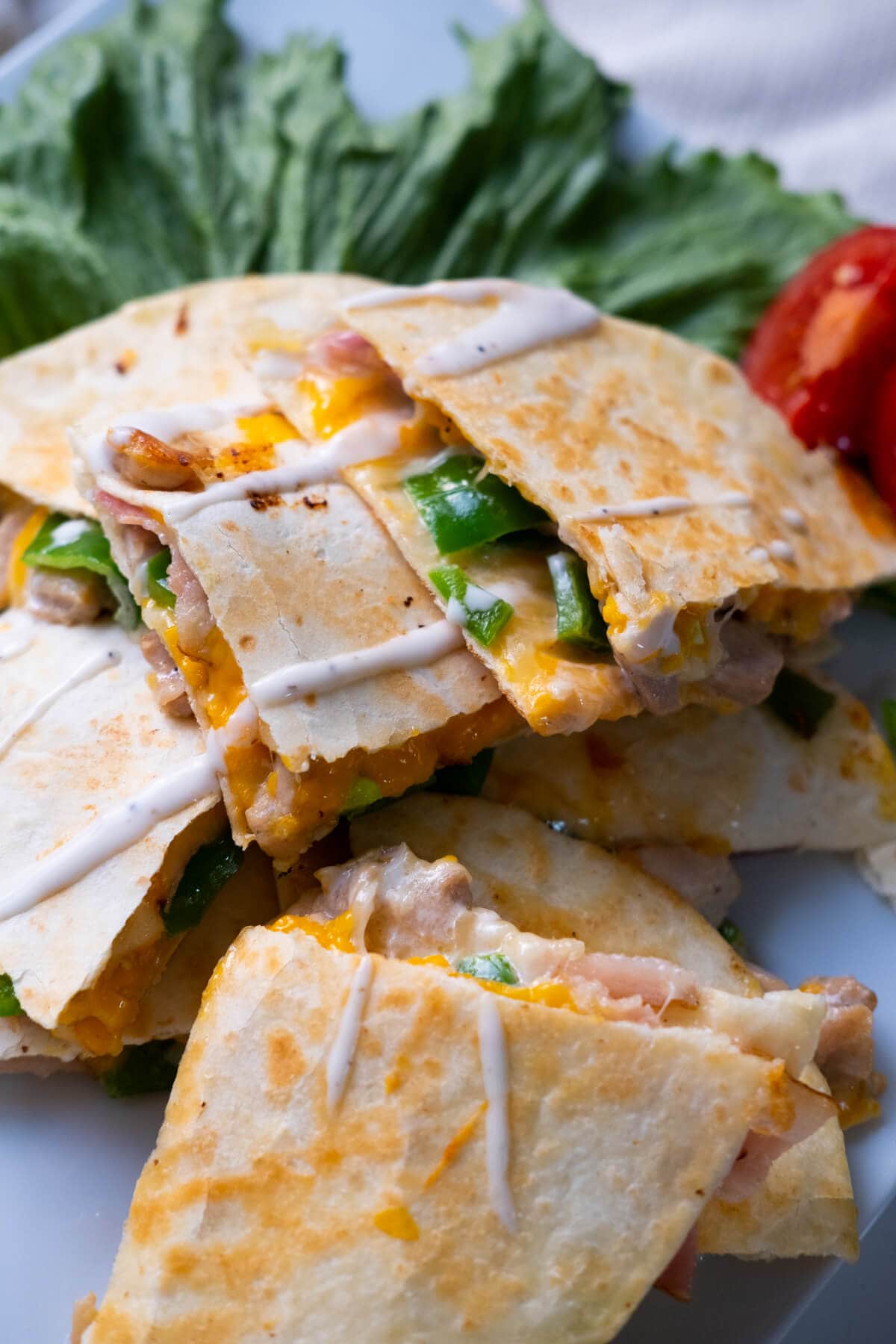 Quesadilla with melted cheese, green pepper, chicken and bacon in between.  