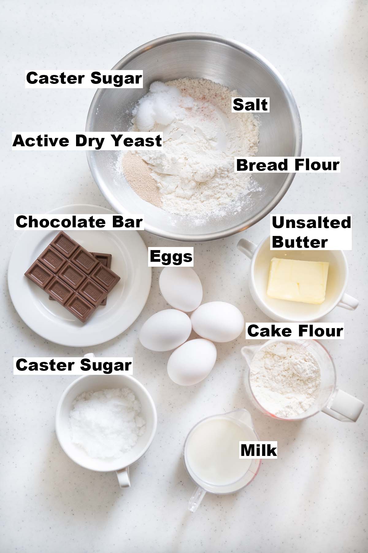 Ingredients for chocolate cake bread recipe. 