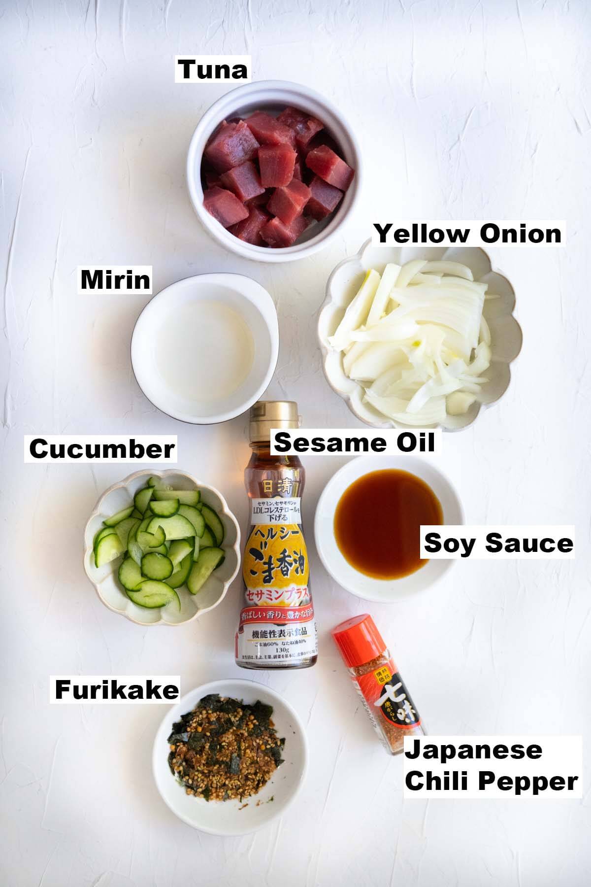 Ingredients for easy poke bowl recipe.