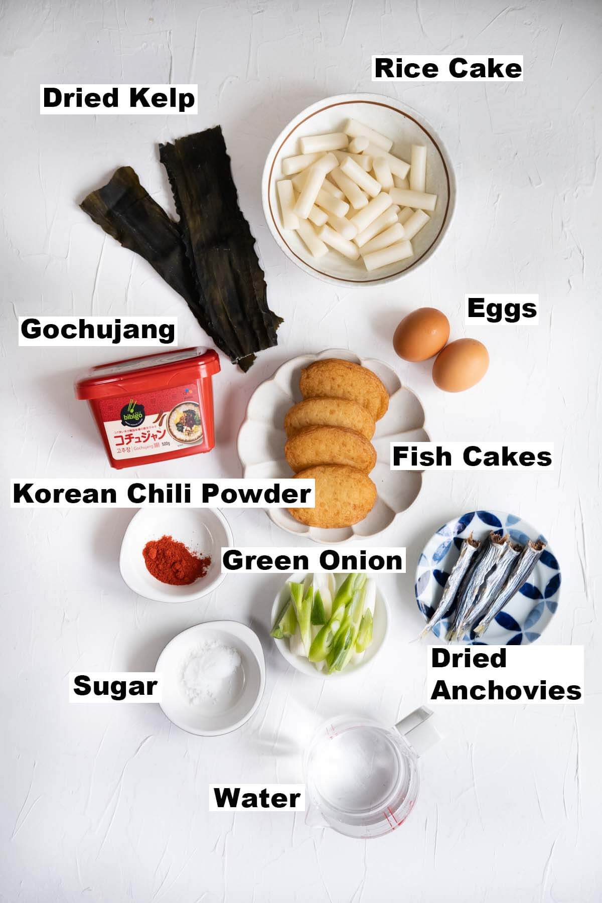 Ingredients for spicy Korean rice cake, tteokbokki recipe. 