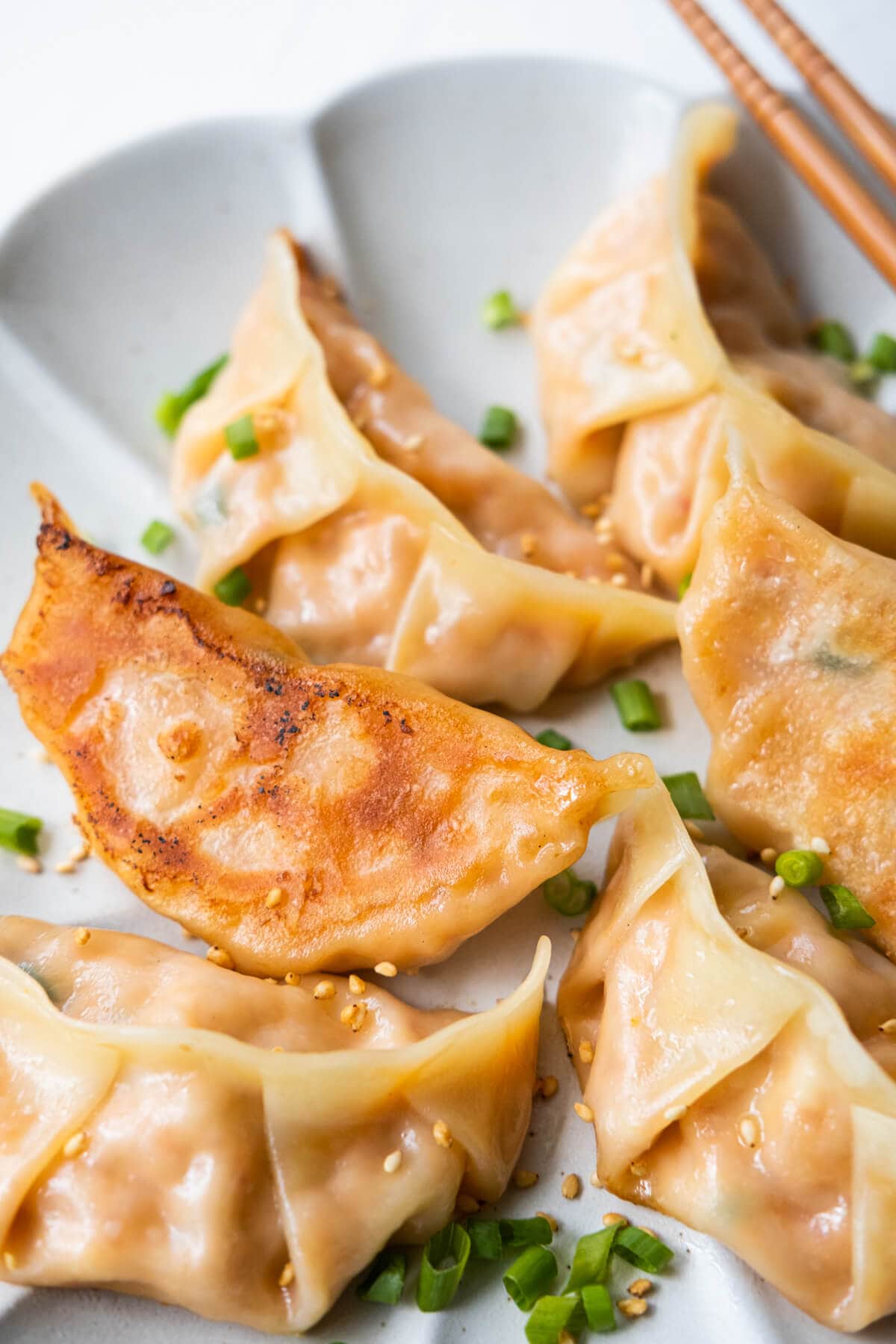 Mandu pan-fried with a crispy bottom and sprinkled with chopped scallion and roasted white sesame seeds on top. 