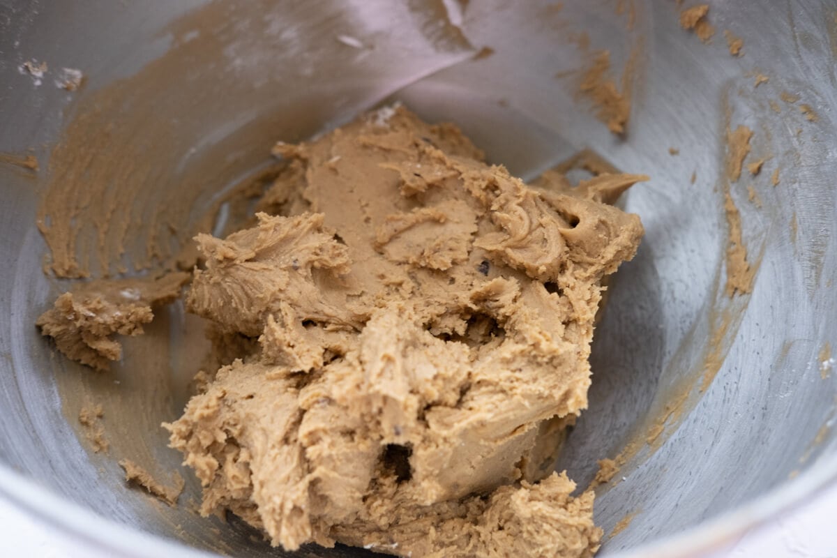 Cookie dough whipped in a stand mixer. 