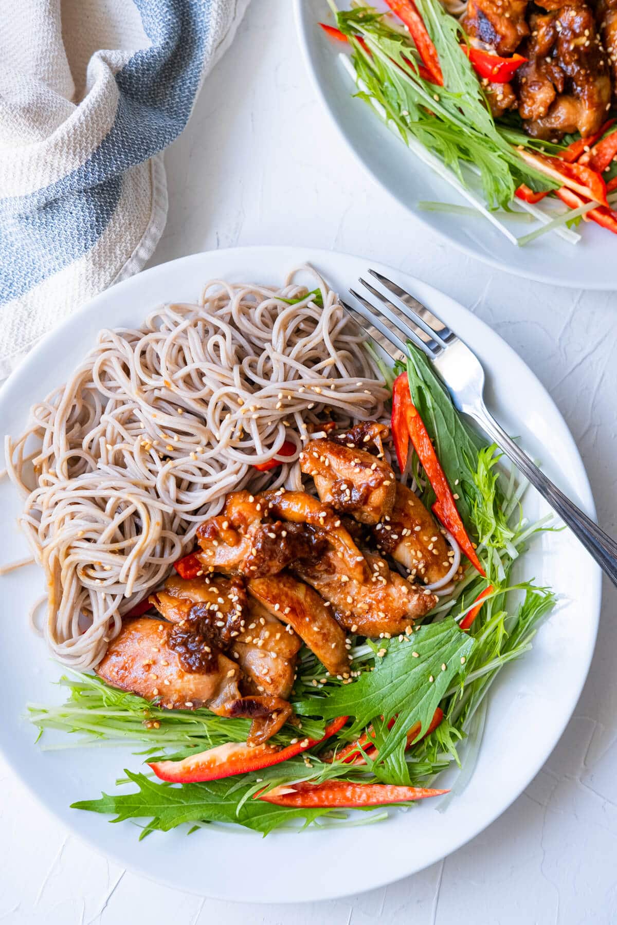 Pan-fried miso chicken with soba noodles and alongside rocket leaves and red peppers on a shallow plate. 