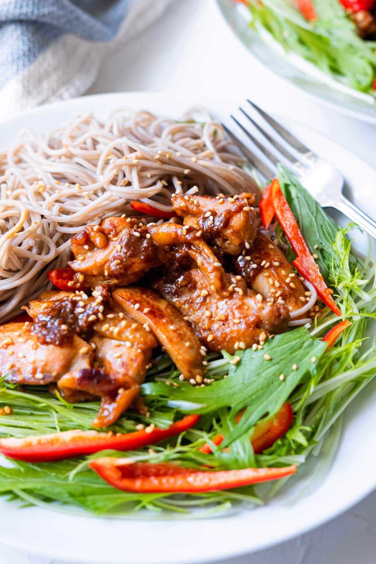 Close up on the miso chicken bites served with soba and green veggies, and sprinkled with white sesame seeds. 