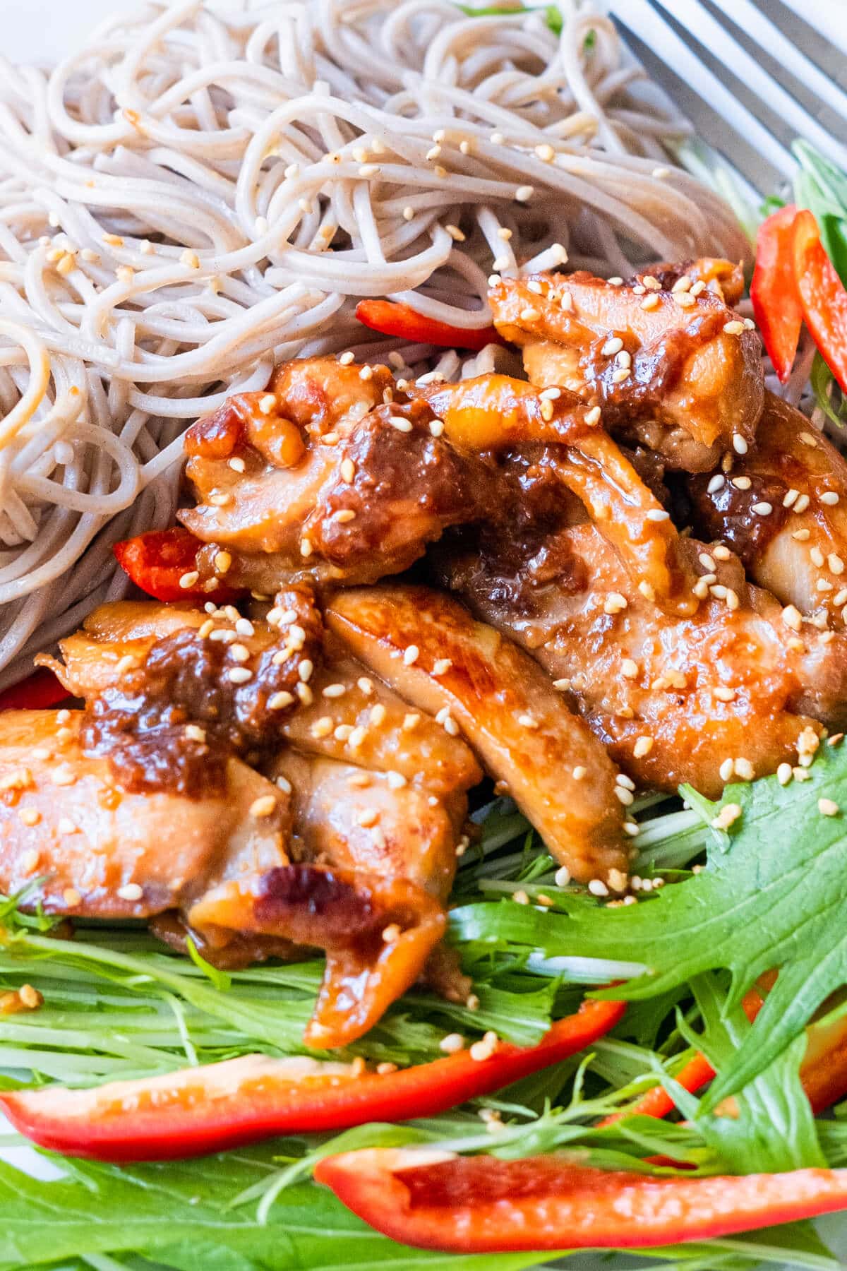 Sticky charred chicken with pan sauce and roasted white sesame seeds drizzled on top. 