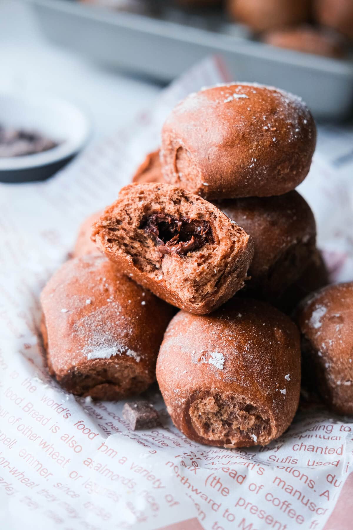 Close up to the soft milk buns with molten chocolate filling in the center. 