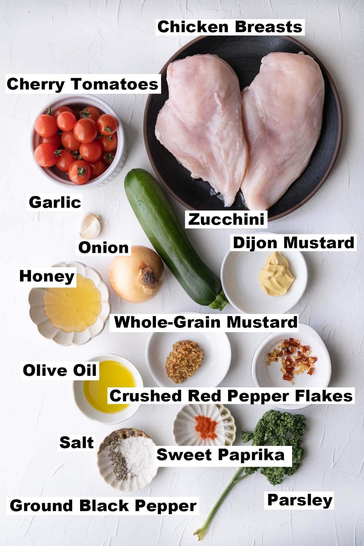 The picture show the ingredients of honey mustard chicken foil packets recipe. 