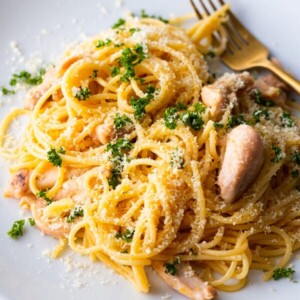 Chicken scampi pasta sprinkled with grated parmesan on top.