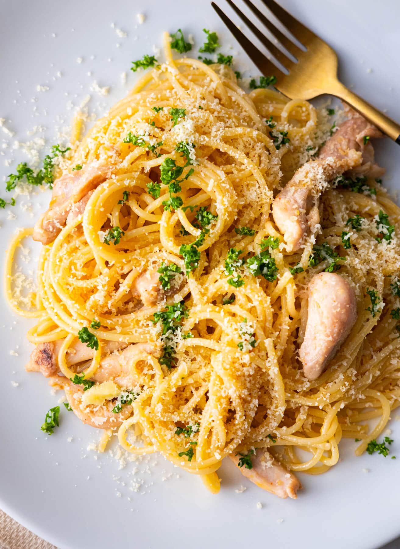 Spaghetti with tender chicken slices and sprinkled with grated parmesan and chopped parsley.