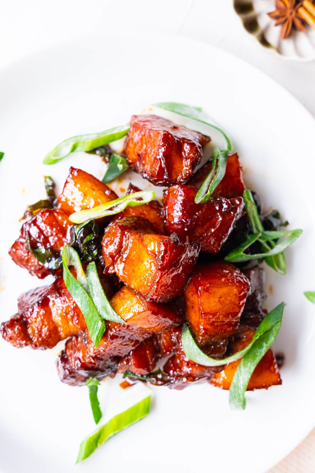 Sake and soy braised pork belly garnished with thinly sliced scallion. 