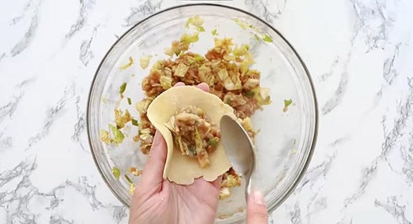 Dumpling wrappers being filled with chicken and vegetables filling.