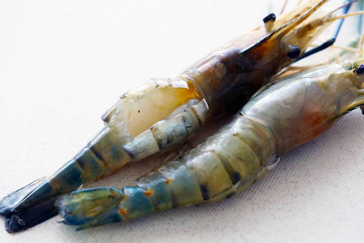 Two deveined fresh water prawns on a cutting board. 