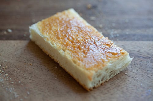 This image shows the kaya spread onto the toast.