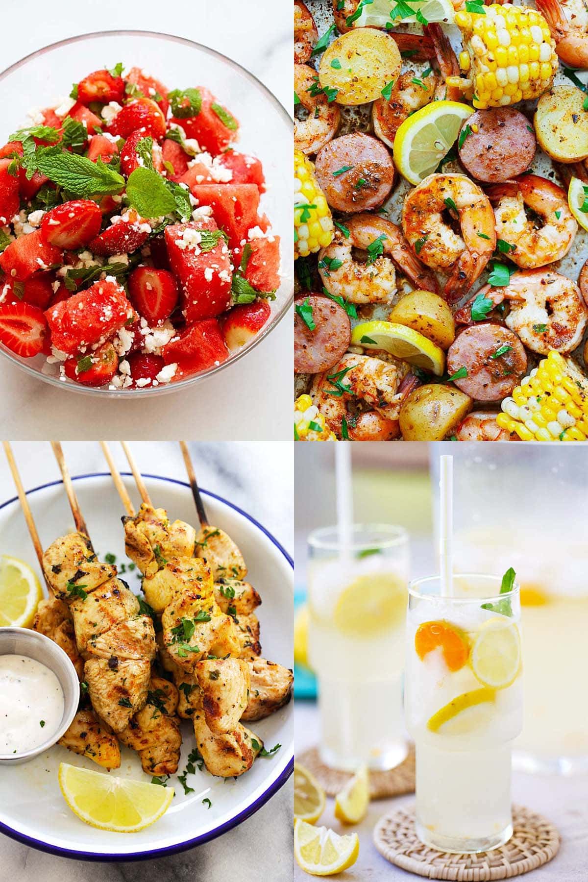 Watermelon salad, shrimp boil, chicken souvlaki and coconut water lemonade.