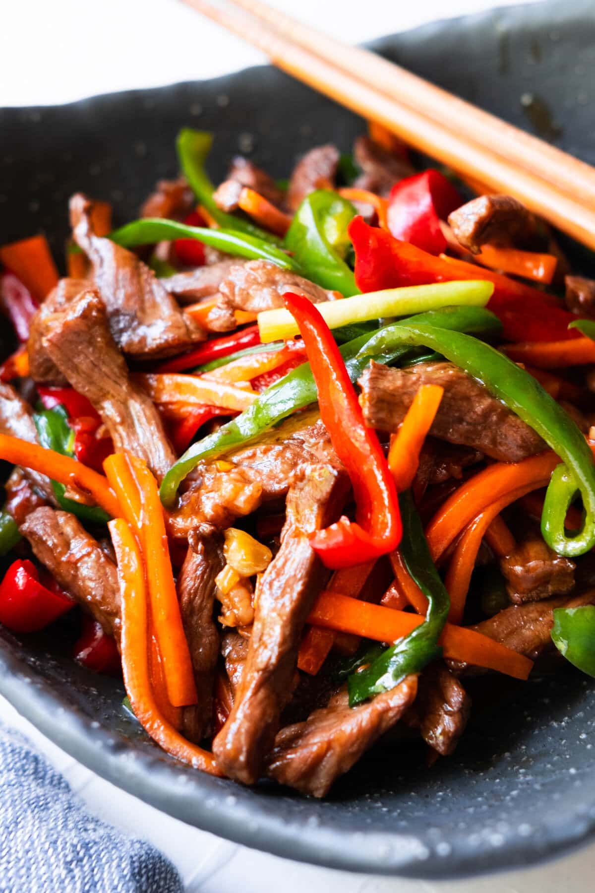 Chinese Szechuan beef stir fry in brown sauce. 