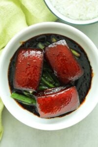 Easy homemade Chinese braised pork belly in brown thick gravy served in a bowl.