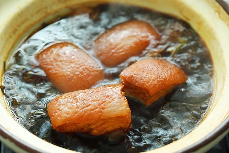 Pork belly braised for 20 minutes skin side up.