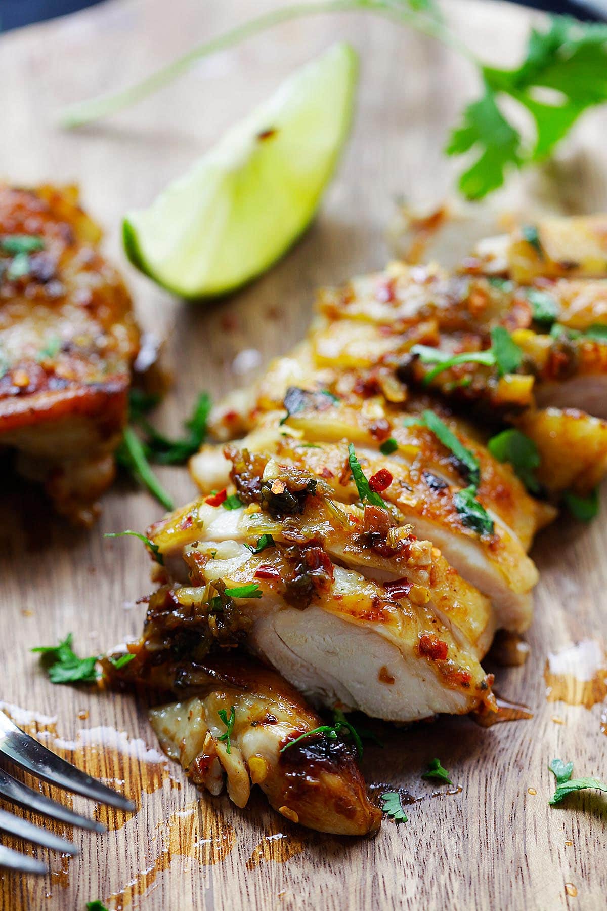 Cilantro lime chicken topped with salsa and cilantro. 