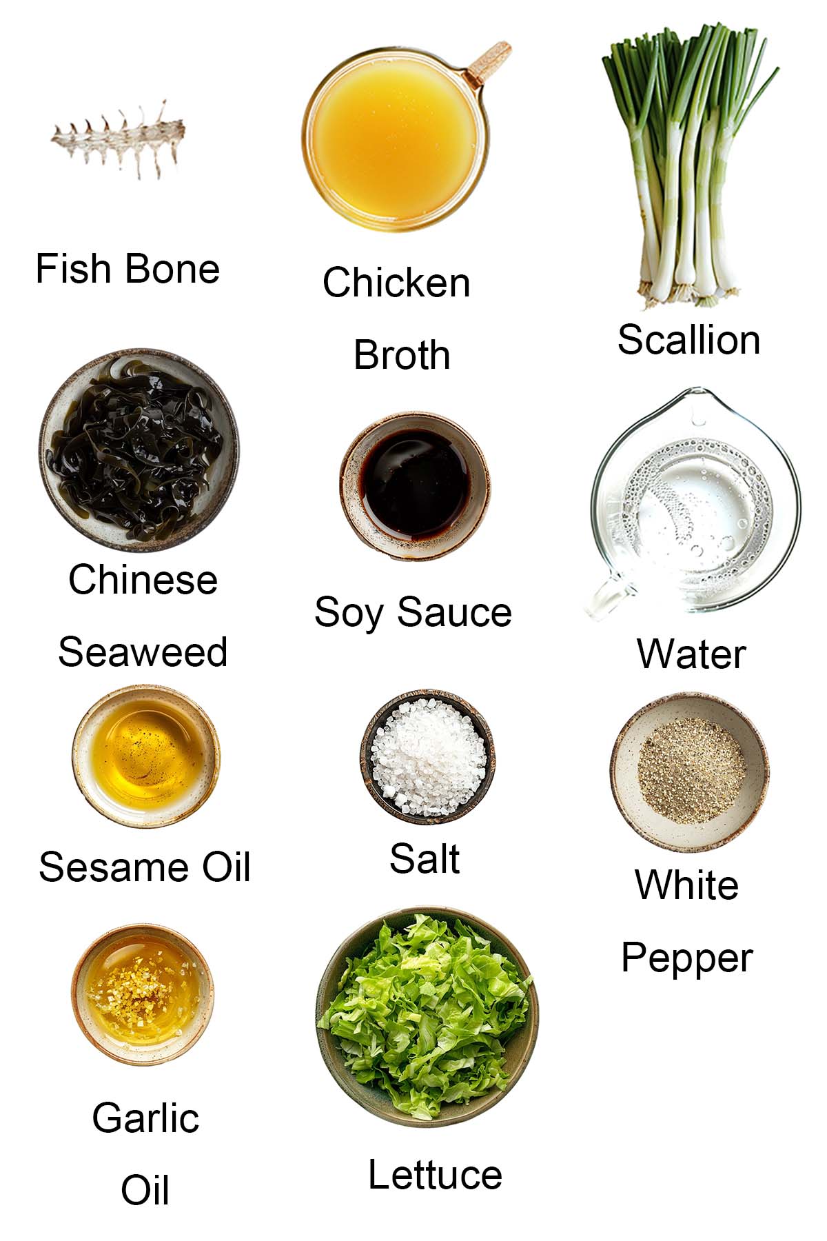 Ingredients and toppings for fish ball soup. 