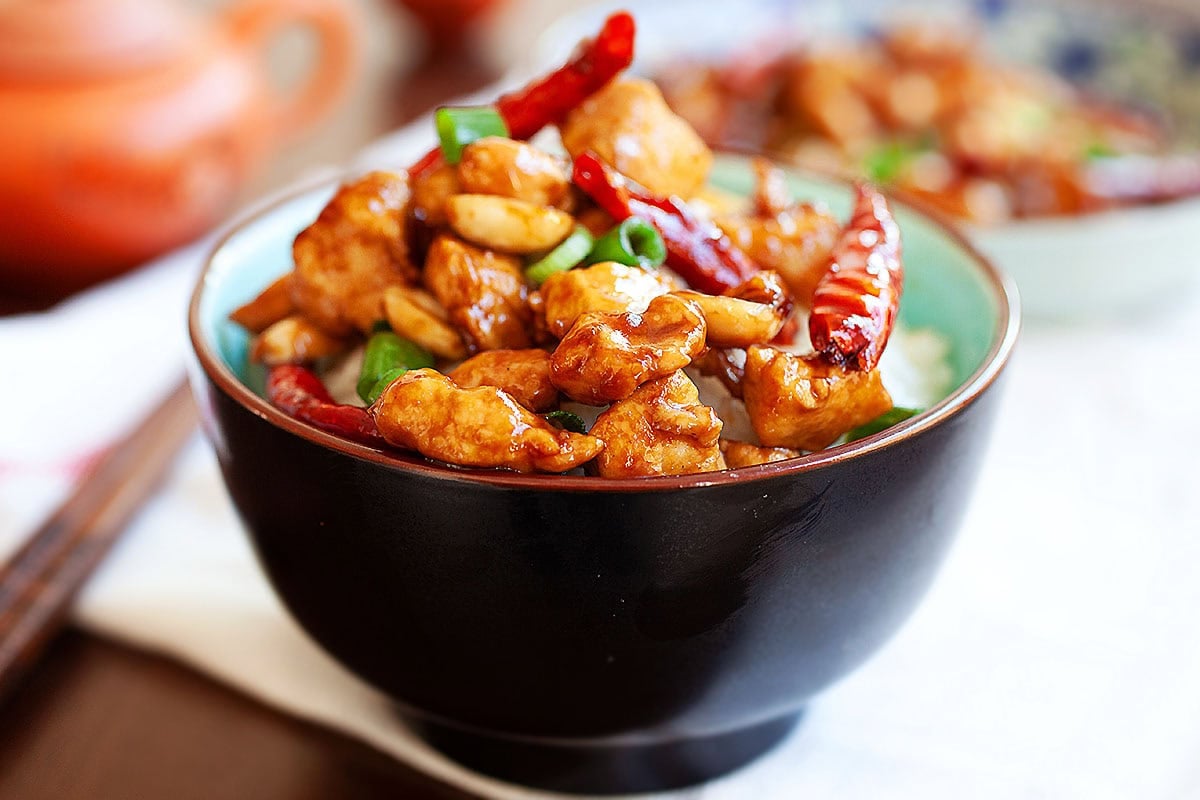 Authentic kung pao chicken served with steamed rice. 