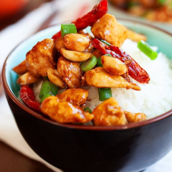 The best Kung Pao Chicken topped with chopped scallions.