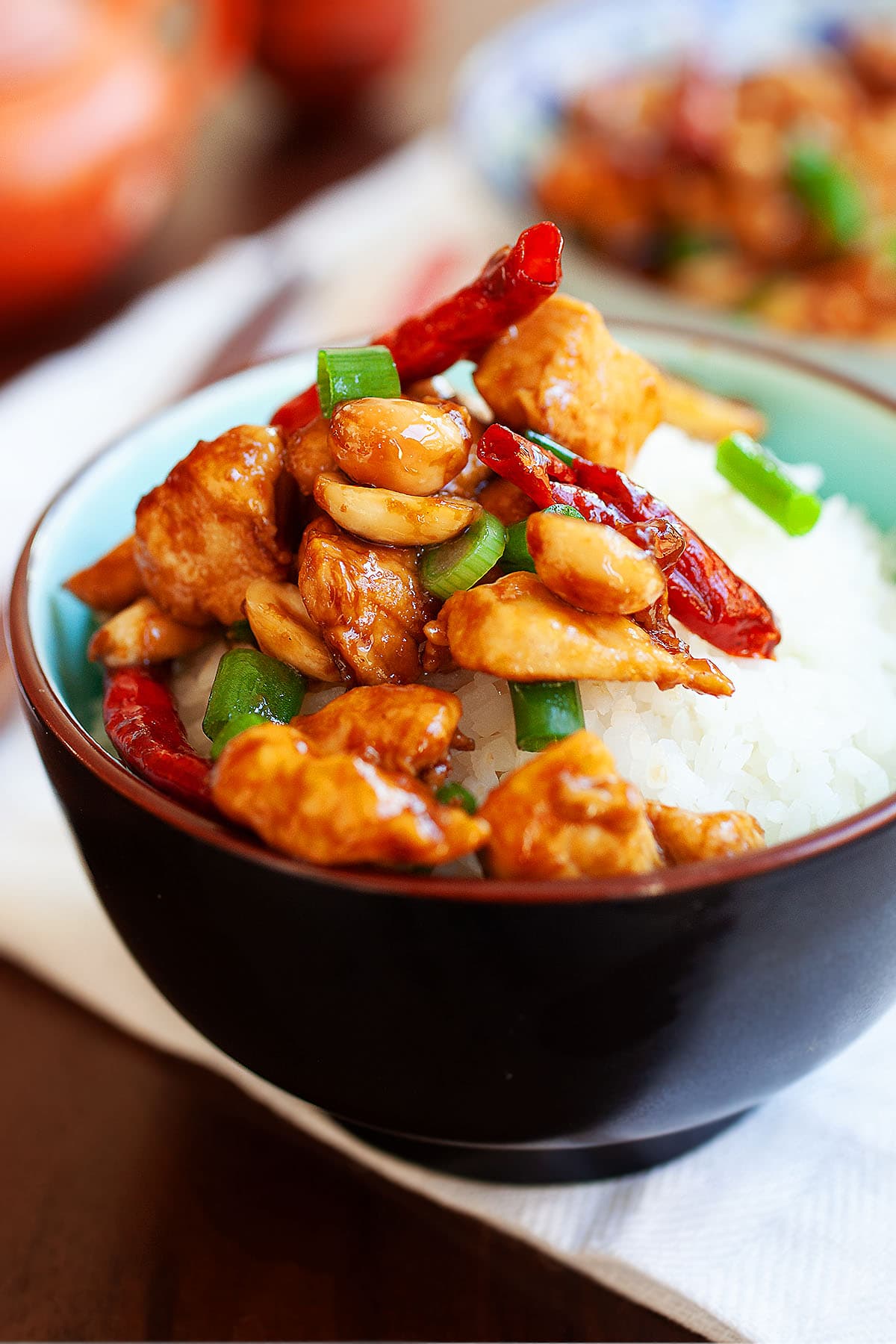 The best Kung Pao Chicken topped with chopped scallions. 