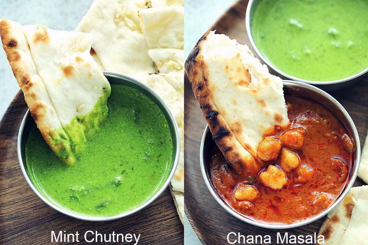 A piece of naan bread eaten with mint chutney and chana masala. 