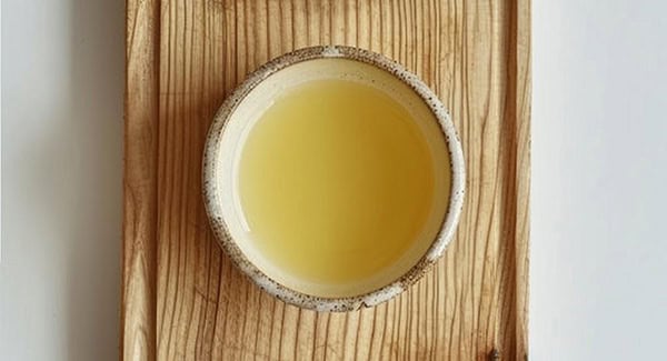 Egg wash in a bowl on a wooden platter. 