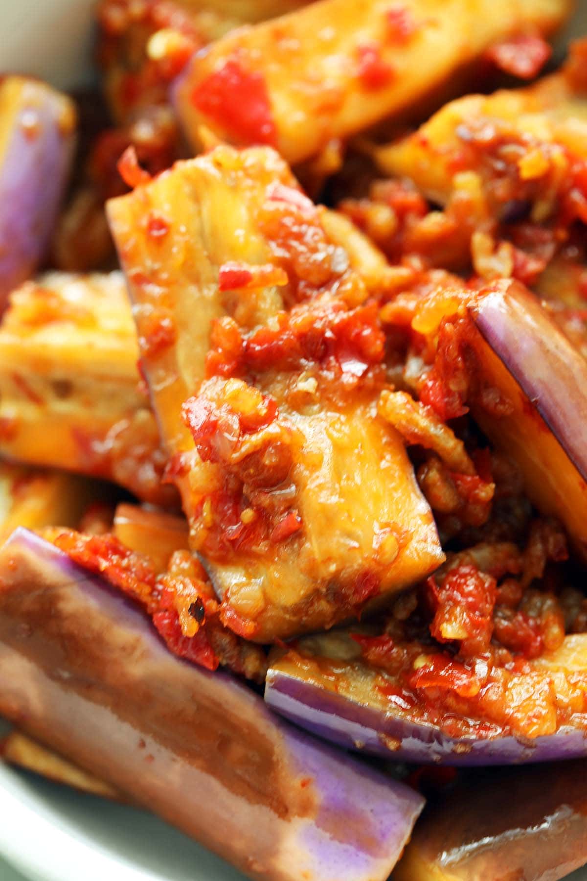 Sambal Stir fried eggplant ready to be served.