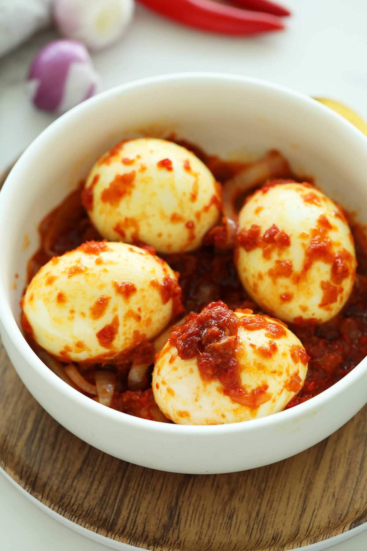 Perfectly cooked Sambal Telur in a bowl ready to be eaten! 