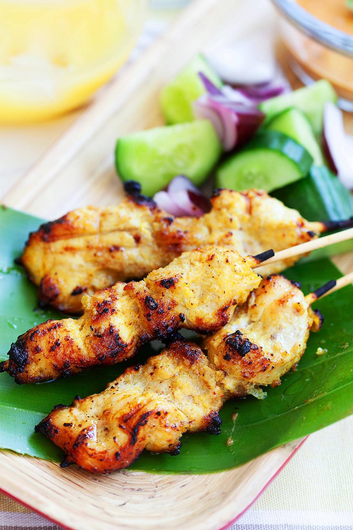 Thai chicken satay with peanut sauce, with cucumber salad. 