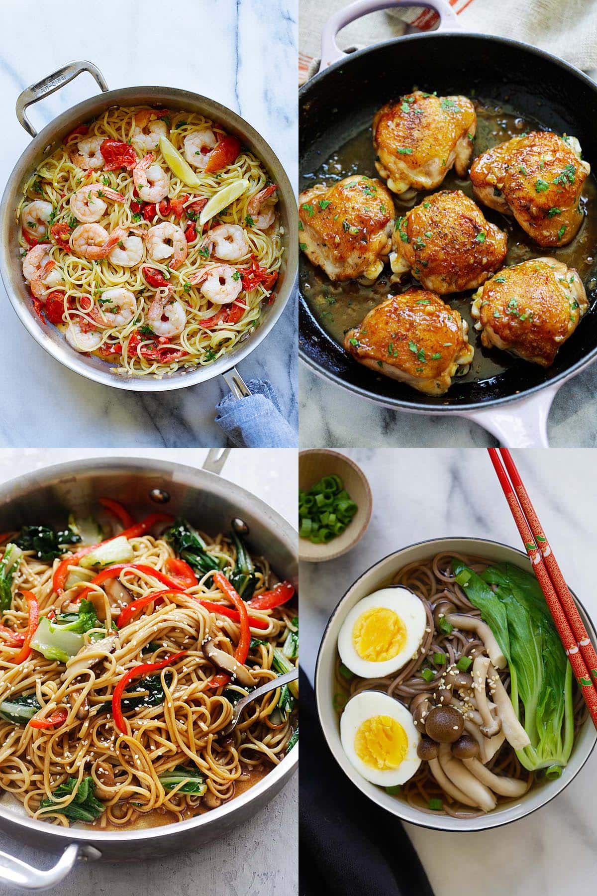 Creamy shrimp and sun-dried tomatoes pasta, sweet garlic chicken, vegetable lo mein and japanese soba noodle soup. 