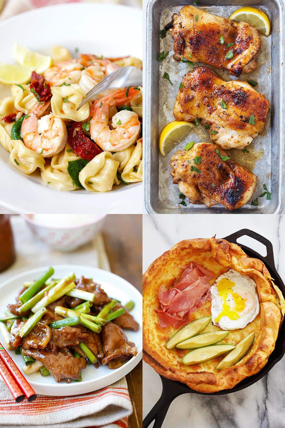 Garlic shrimp tortellini, cajun chicken, Mongolian beef and savory dutch baby. 