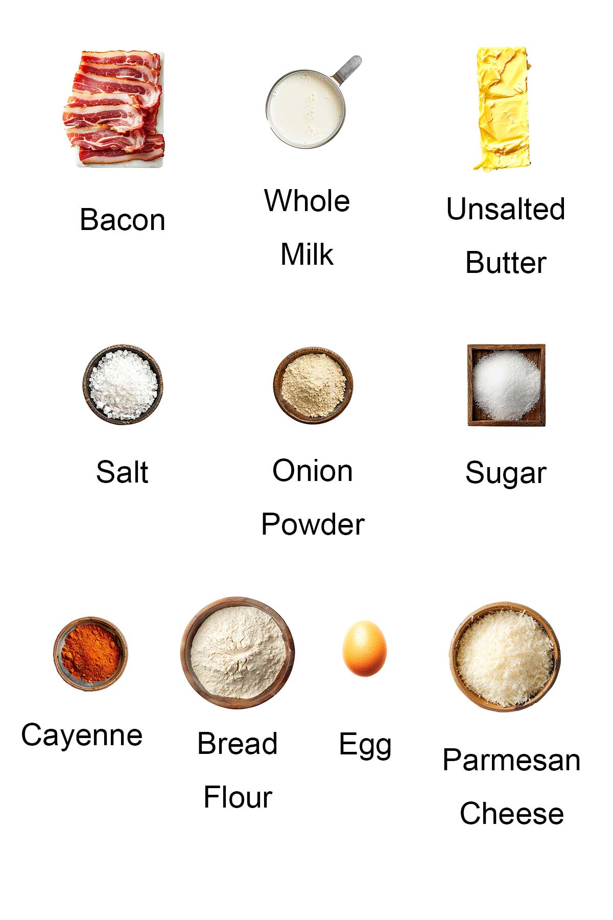 Ingredients for bacon parmesan gougeres. 