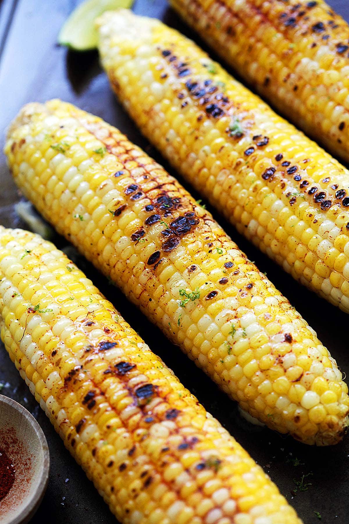 Grilled corn with chili powder and lime zest. 