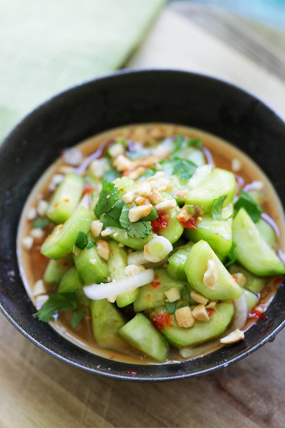 Authentic homemade Thai cucumber salad in a bowl. 