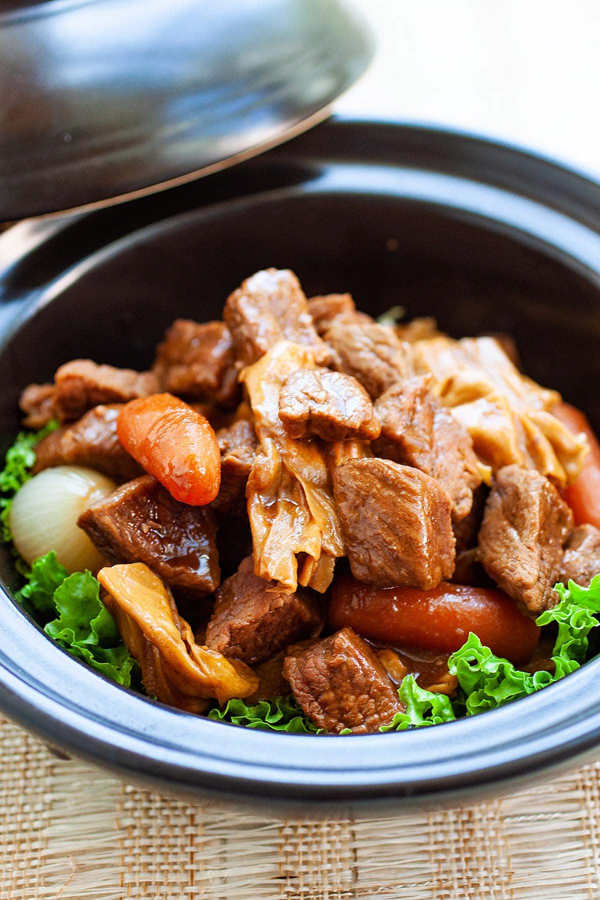 Asian beef stew in a clay pot.